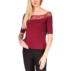 Michael Kors Lace Trim Off The Shoulder Top Womens Size PM Ruby Red Elbow Sleeve